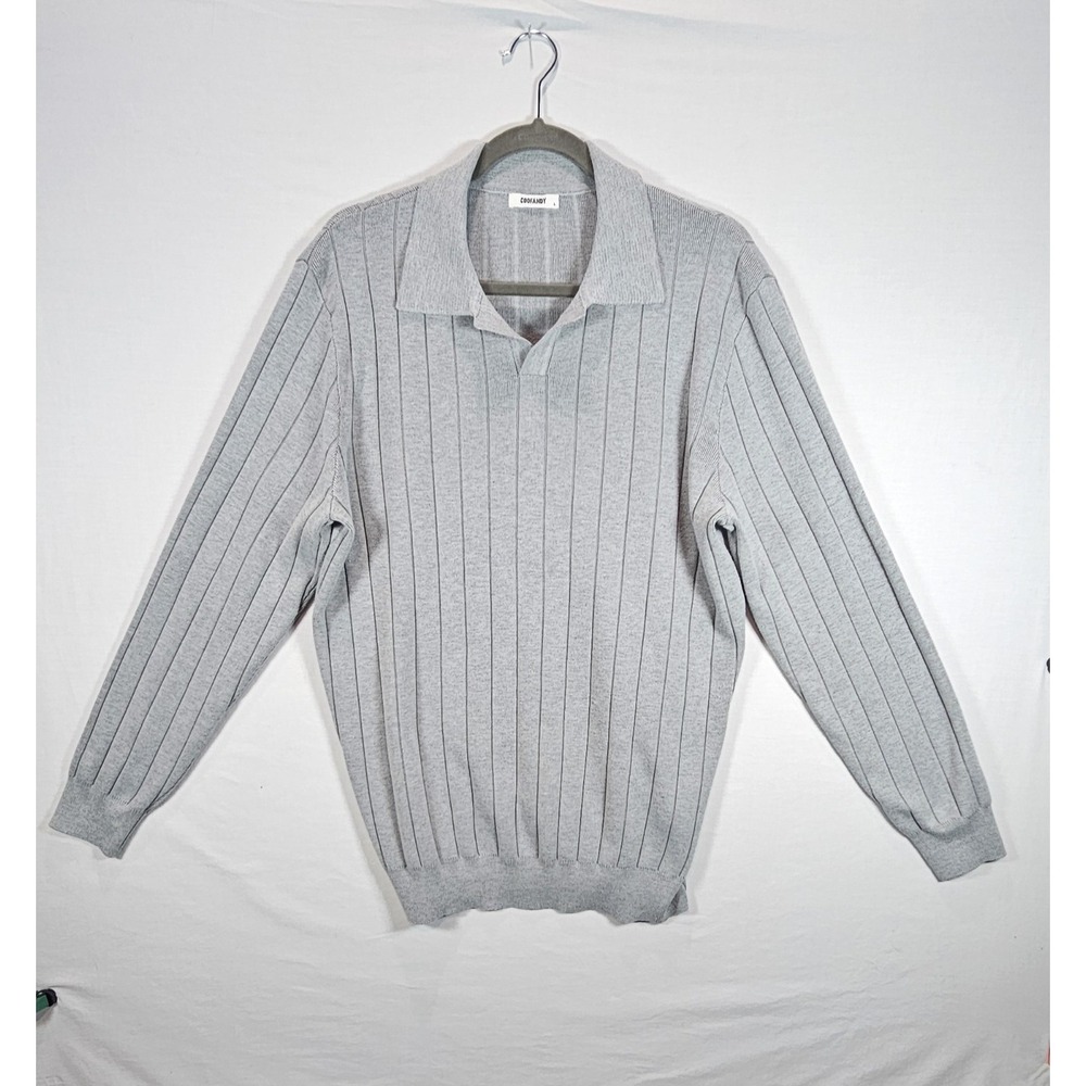 COOFANDY Mens L Gray Ribbed Knit Polo Sweater Casual Classic‎ Modern